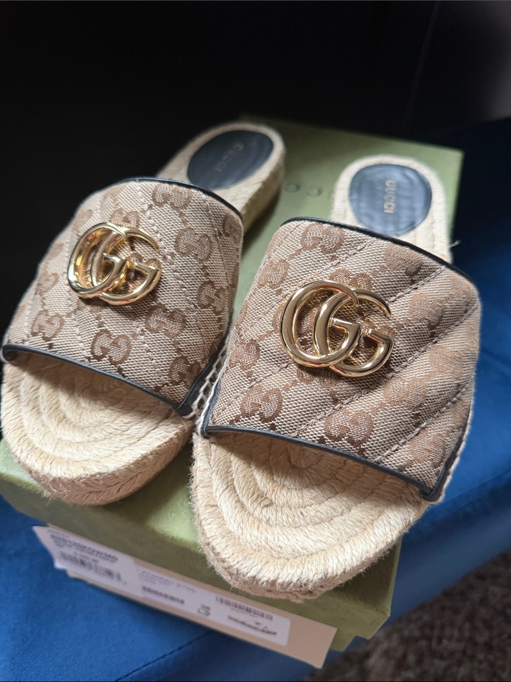 Gucci GG Canvas Espadrille Slide Sandals. Size 38
